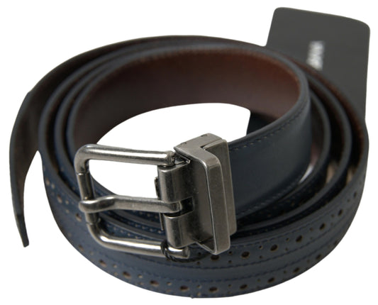 Blue Leather Perforated Metal Buckle Belt