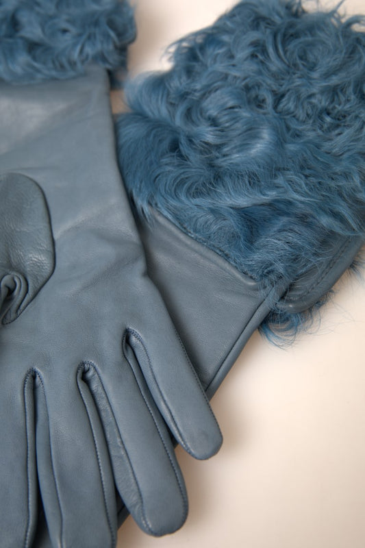 Blue Leather Fur Mid Arm Length Gloves