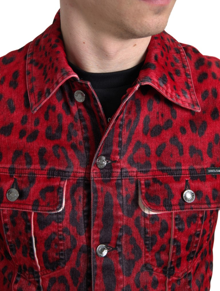Vibrant Red Leopard Print Denim Jacket