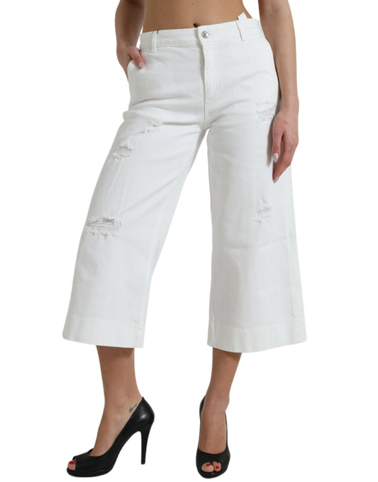Elegant White Mid-Waist Denim Cropped Jeans