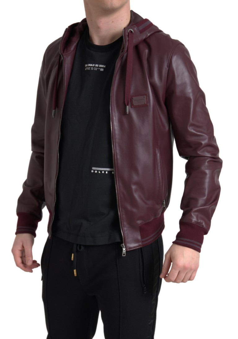 Elegant Bordeaux Leather Hooded Jacket