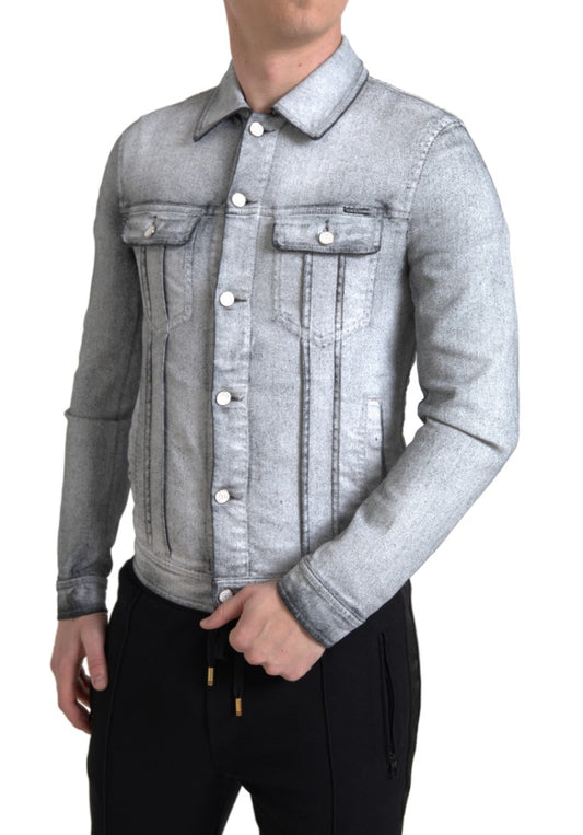 Elegant Gray Cotton Stretch Denim Jacket