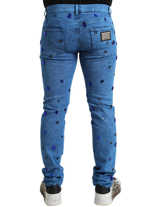 Blue Crystal Embellished Skinny Denim Jeans