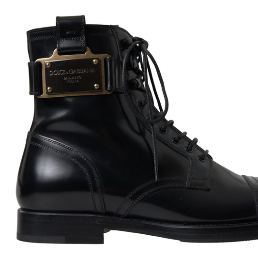 Black Leather Zipper Logo Badge Mens Boots