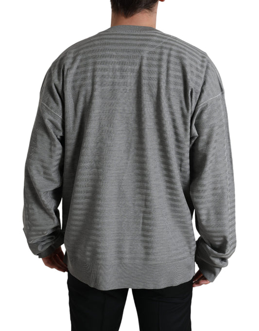 Elegant Gray Striped Silk Crewneck Pullover