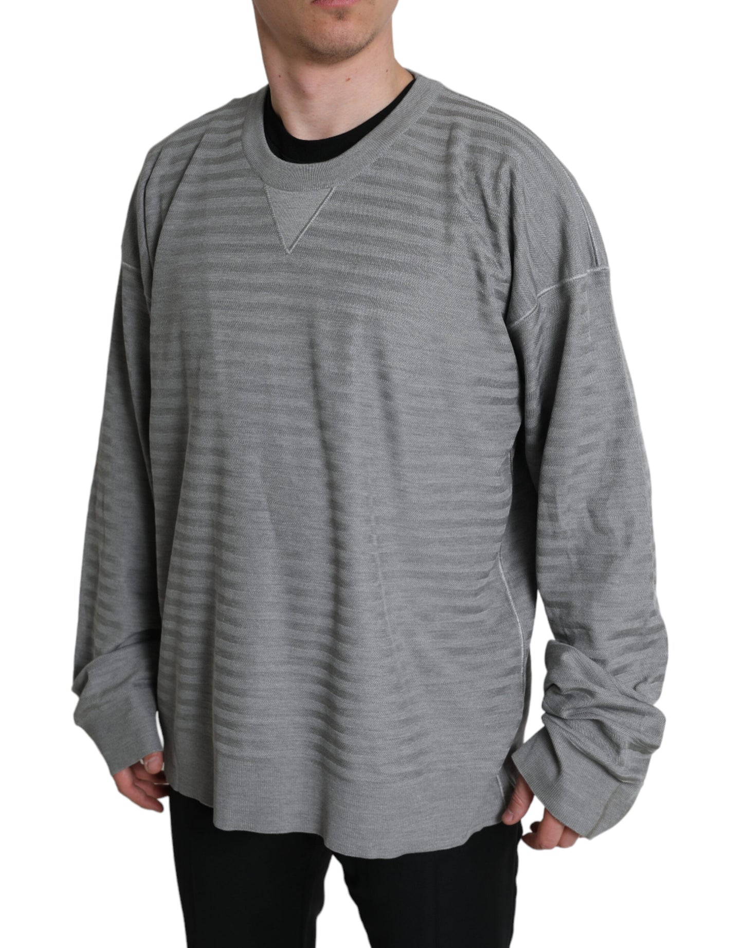 Elegant Gray Striped Silk Crewneck Pullover
