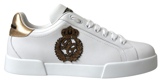 White and gold Leather Low Top Sneakers