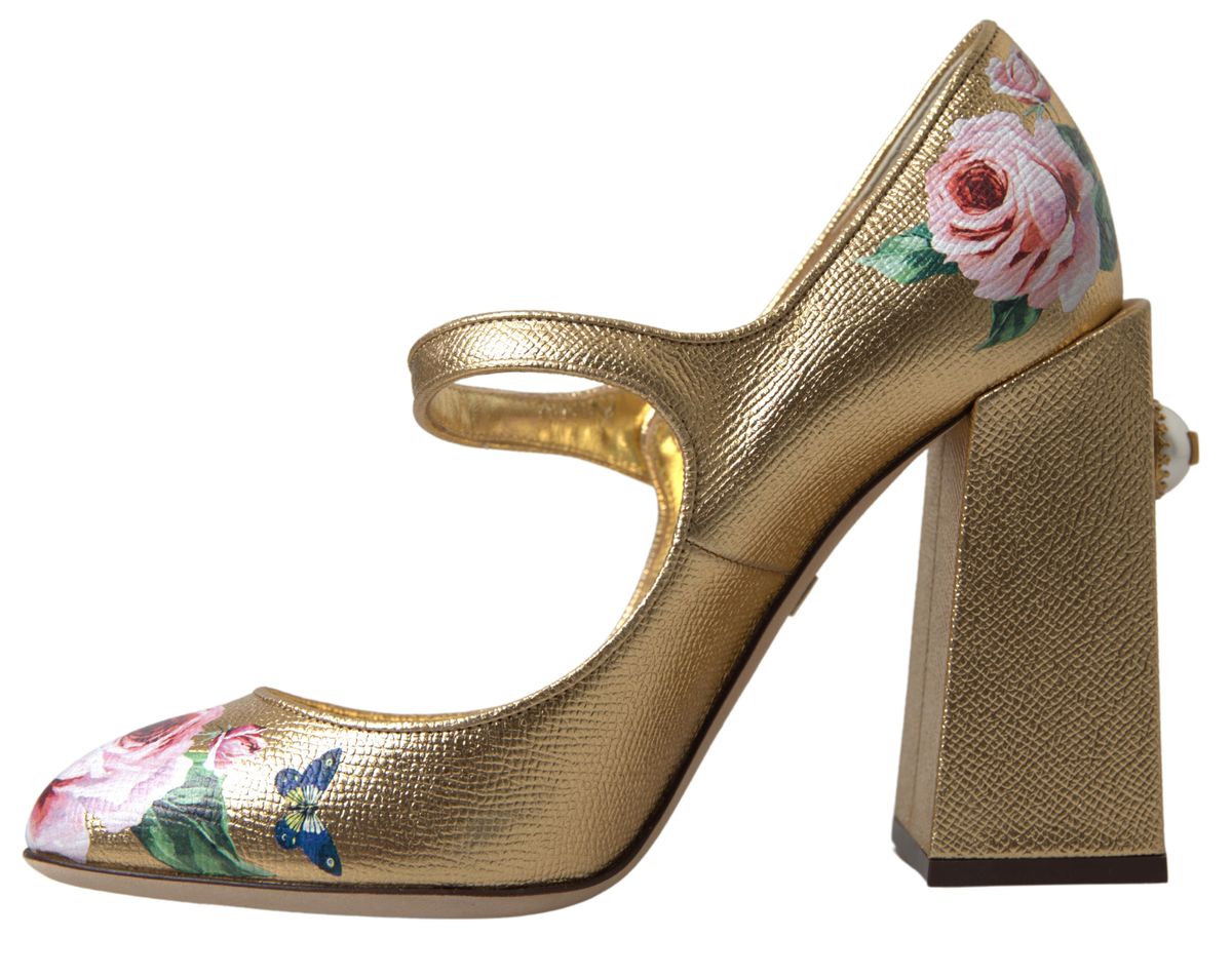 Elegant Gold Floral Cuban Heel Pumps