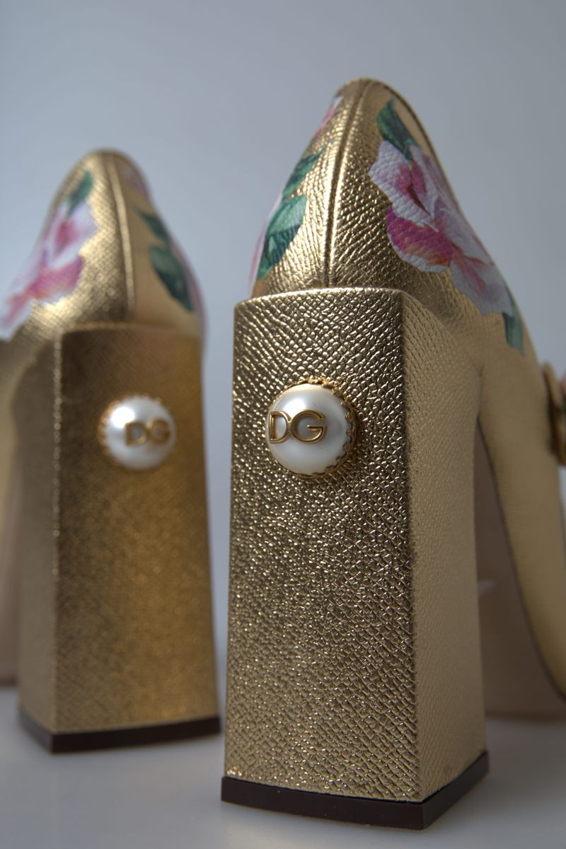 Elegant Gold Floral Cuban Heel Pumps