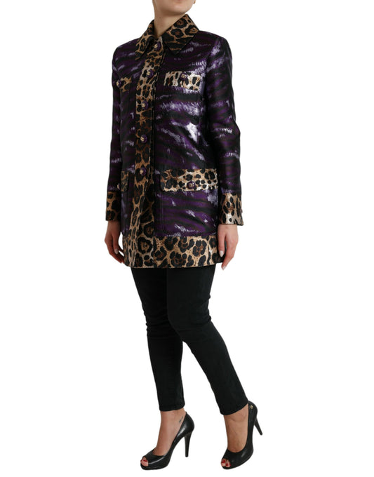 Purple Lamé Jacquard Tiger Print Coat Jacket