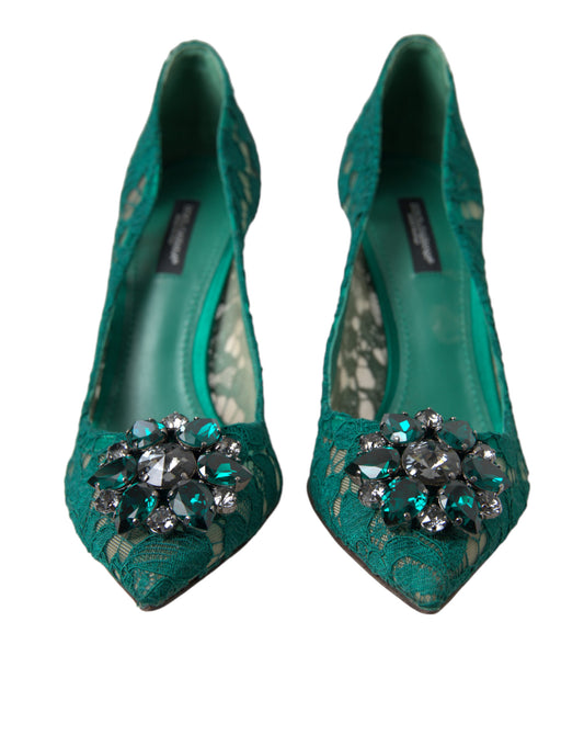 Elegant Green Crystal-Embellished Lace Heels