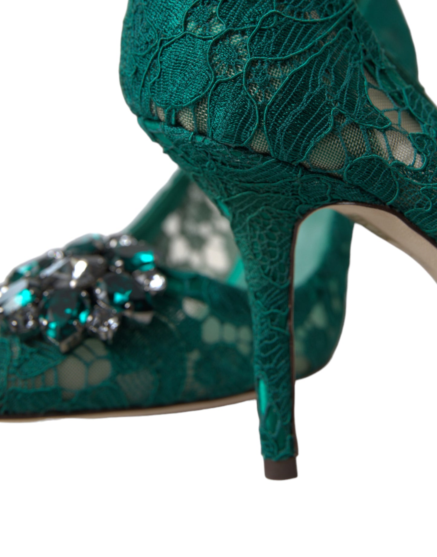 Elegant Green Crystal-Embellished Lace Heels