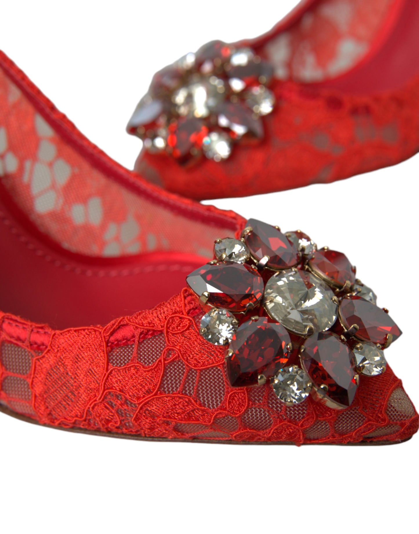 Exquisite Crystal-Embellished Red Lace Heels