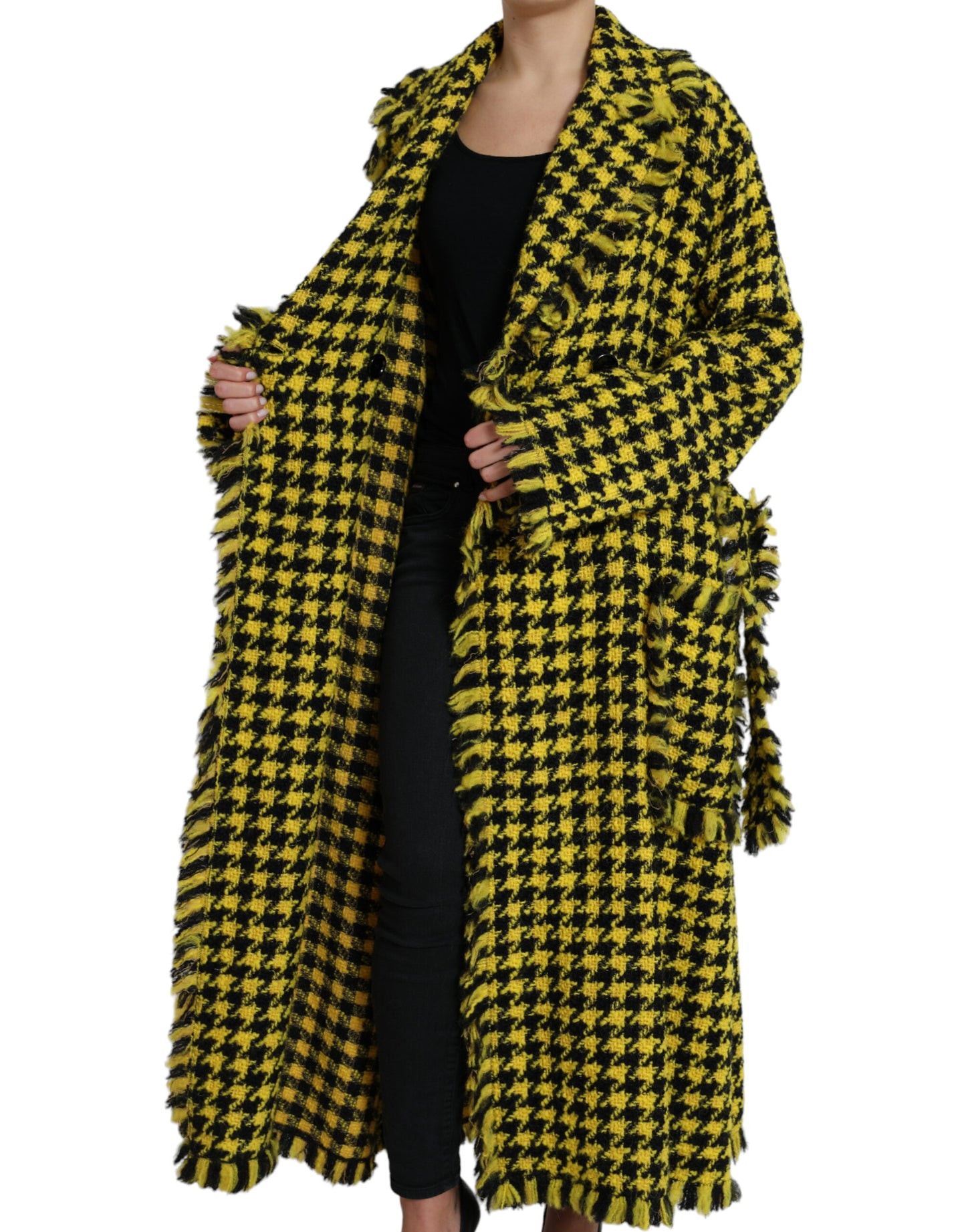 Chic Houndstooth Virgin Wool Long Coat
