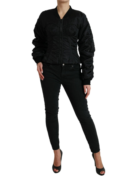 Black Bustier Nylon Full Zip Blouson Jacket
