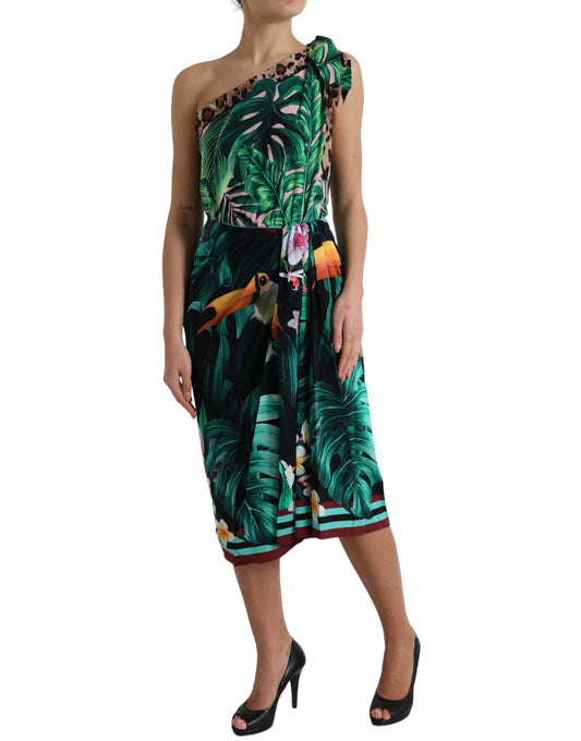 Tropical Jungle Print One-Shoulder Dress