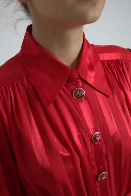 Red Satin Silk Button Down Belted Midi Dress