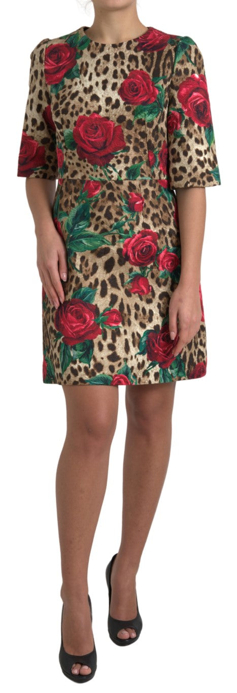 Brown Leopard Red Roses Cotton A-line Dress