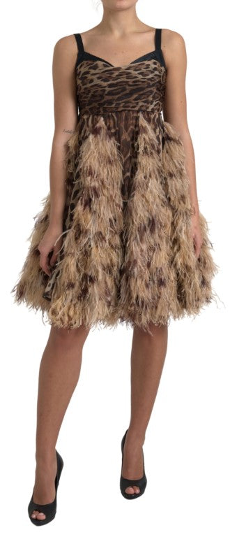 Brown Leopard Feather Chiffon Sleeveless Dress