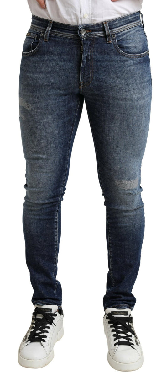 Blue Washed Tattered CottonSkinny Denim Jeans