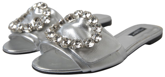 Crystal-Embellished Silver Leather Slides