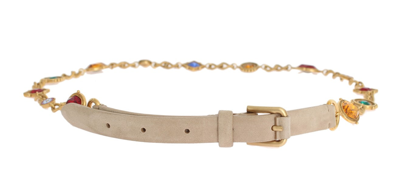 Beige Leather Crystal Gold Chain Belt