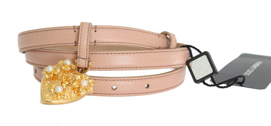 Beige Italian Leather Waist Belt with Gold Detailing