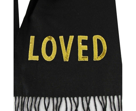 Black Silk Cashmere Long Scarf Yellow Sequin "LOVED"