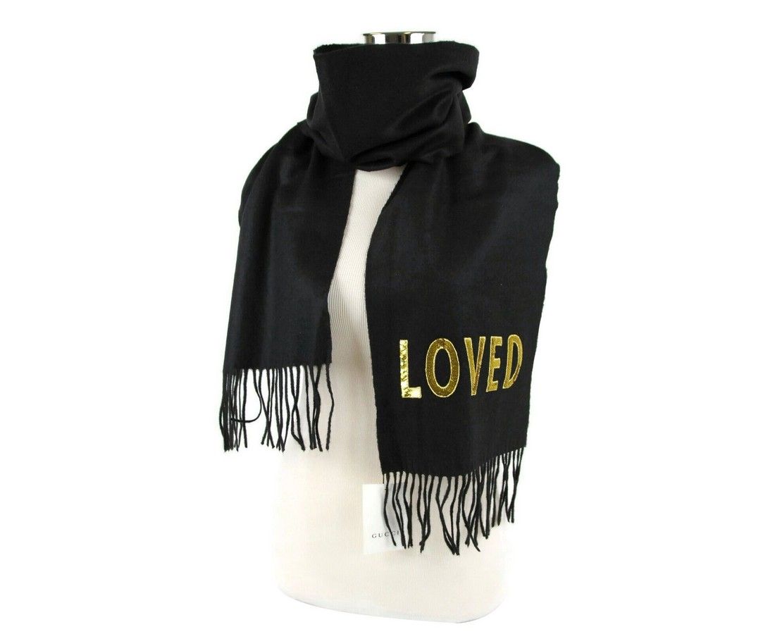 Black Silk Cashmere Long Scarf Yellow Sequin "LOVED"