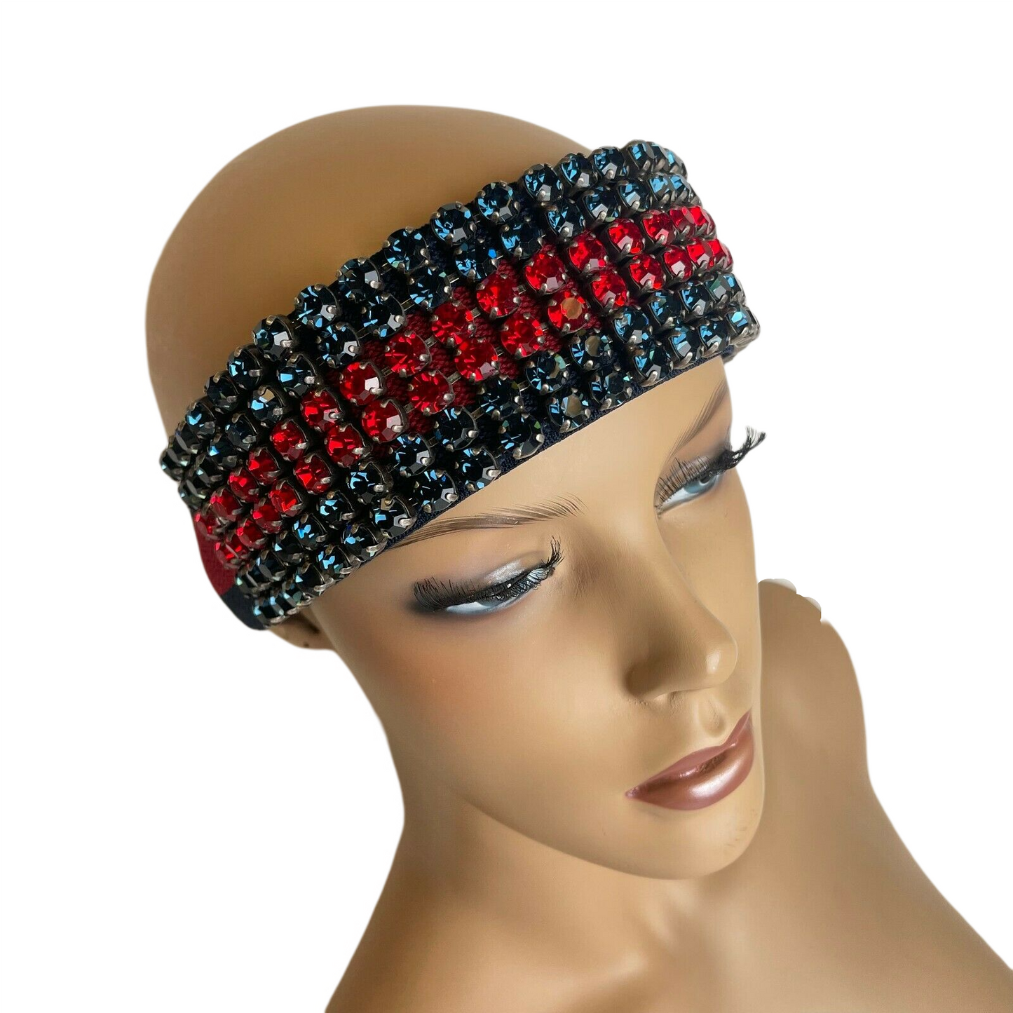 Gucci Women's Blue/Red Web Elastic Headband with Crystals
