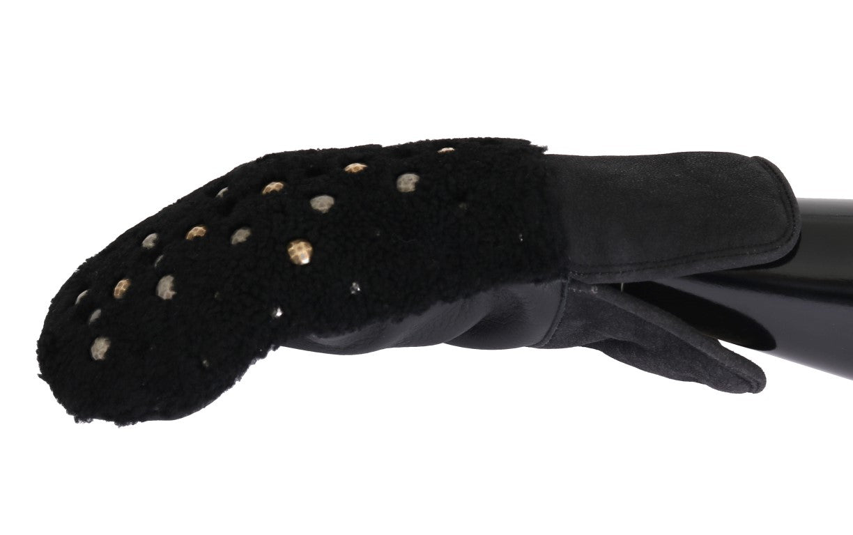 Black Leather Shearling Studded Gloves