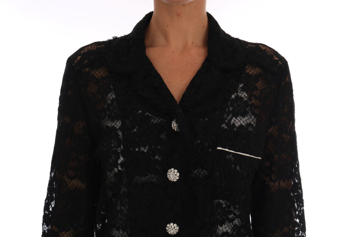 Elegant Black Floral Lace Crystal Shirt Blouse