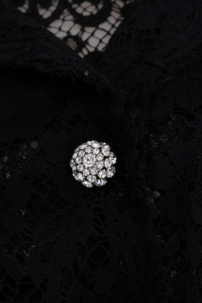 Elegant Black Floral Lace Crystal Shirt Blouse