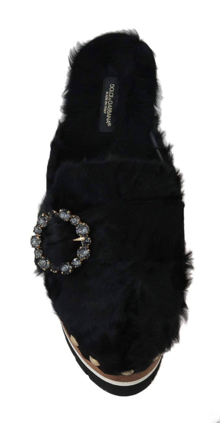 Black Lamb Fur Suede Slides with Crystal Studs