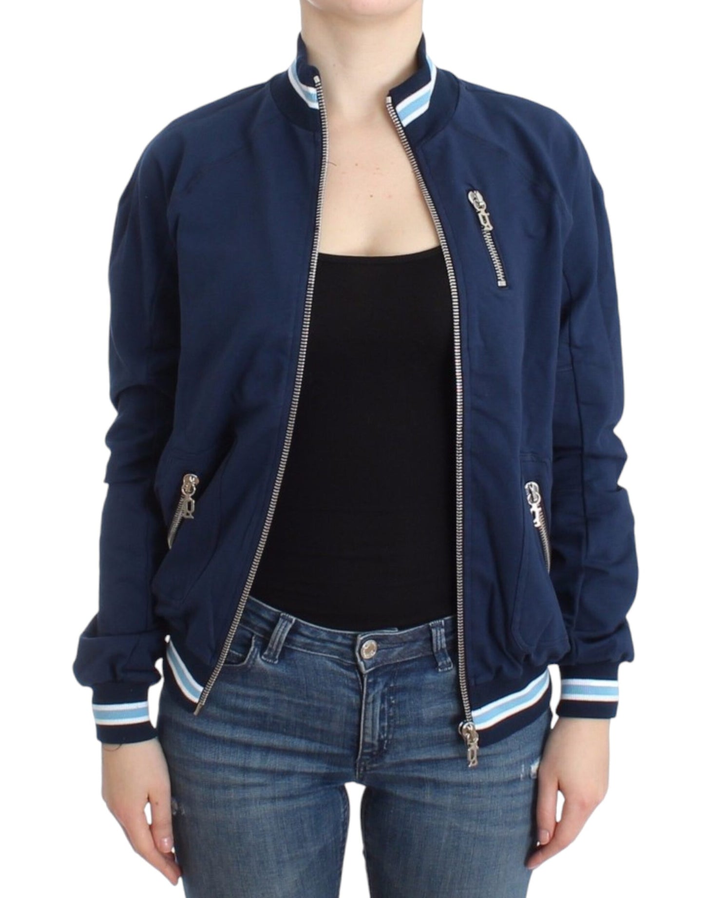 Chic Blue Zip Cardigan with Logo Detail
