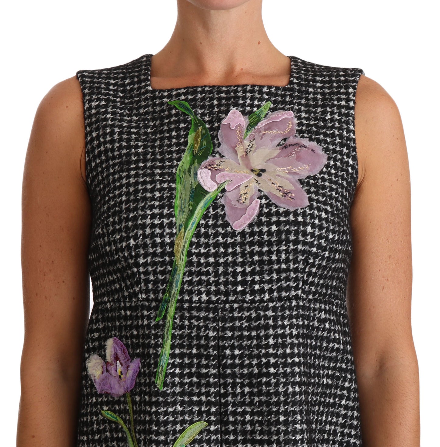 Gray Houndstooth Floral Appliqué Shift Mini Dress