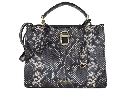 Penelope Medium Python Embossed Leather Top Handle Satchel Handbag (Black)