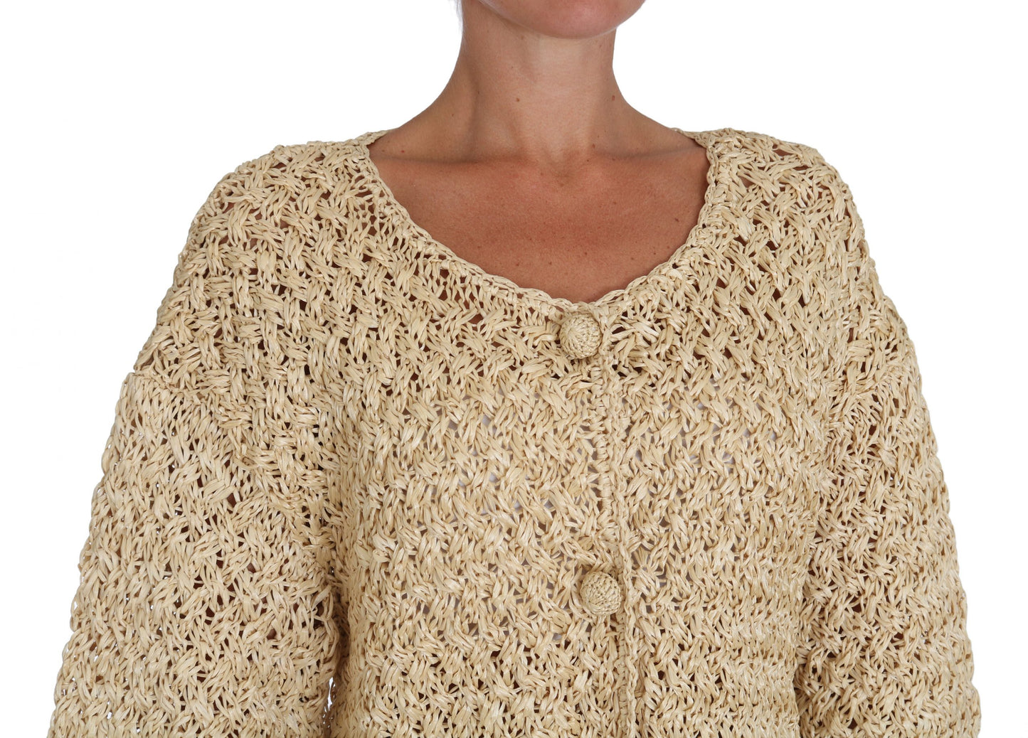 Chic Beige Crochet Knitted Raffia Cardigan