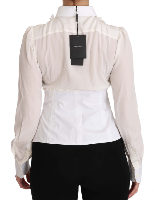 Elegant White Silk Ruffle Polo Shirt