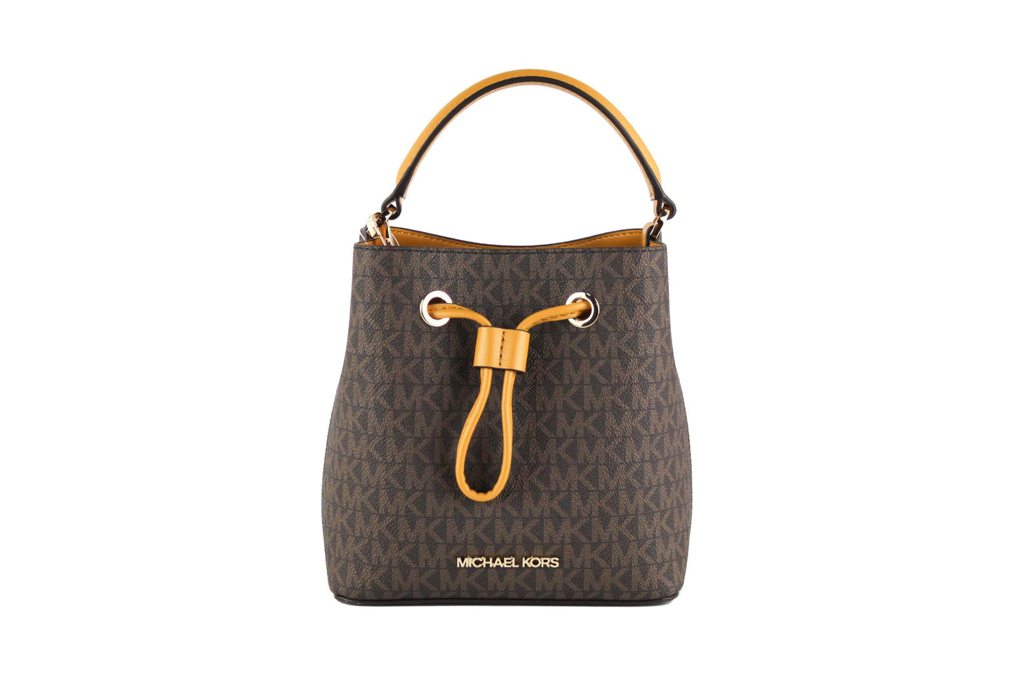 Suri Small Leather Bucket Crossbody Drawstring Hobo Handbag (Marigold/Brown Signature)