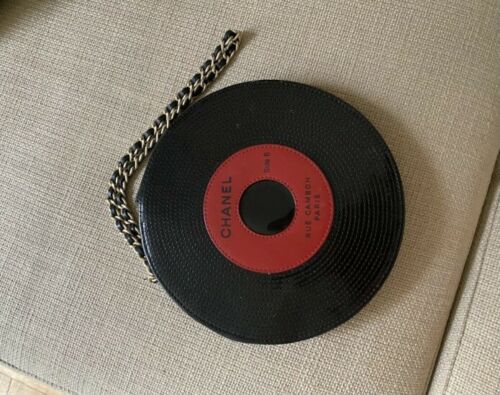 CHANEL Vintage Collectible Record Motif Chain Clutch Bag Black Red Patent