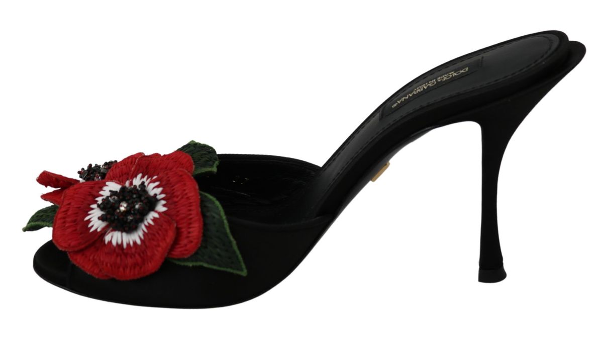 Elegant Black Silk Rose Heeled Sandals