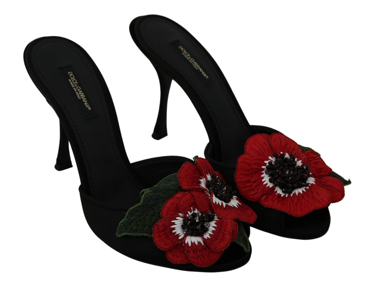 Elegant Black Silk Rose Heeled Sandals
