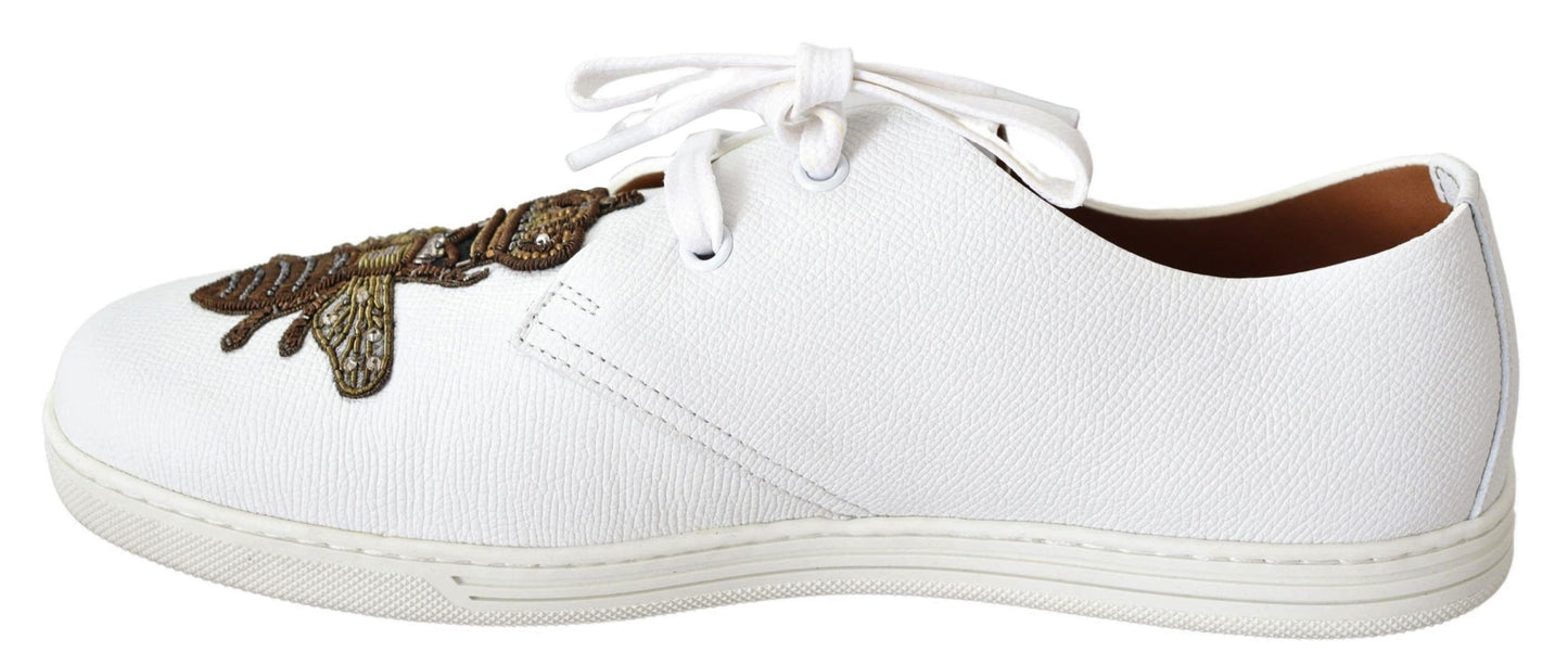 White Leather Sneakers with Gold Crown Bee Embroidery