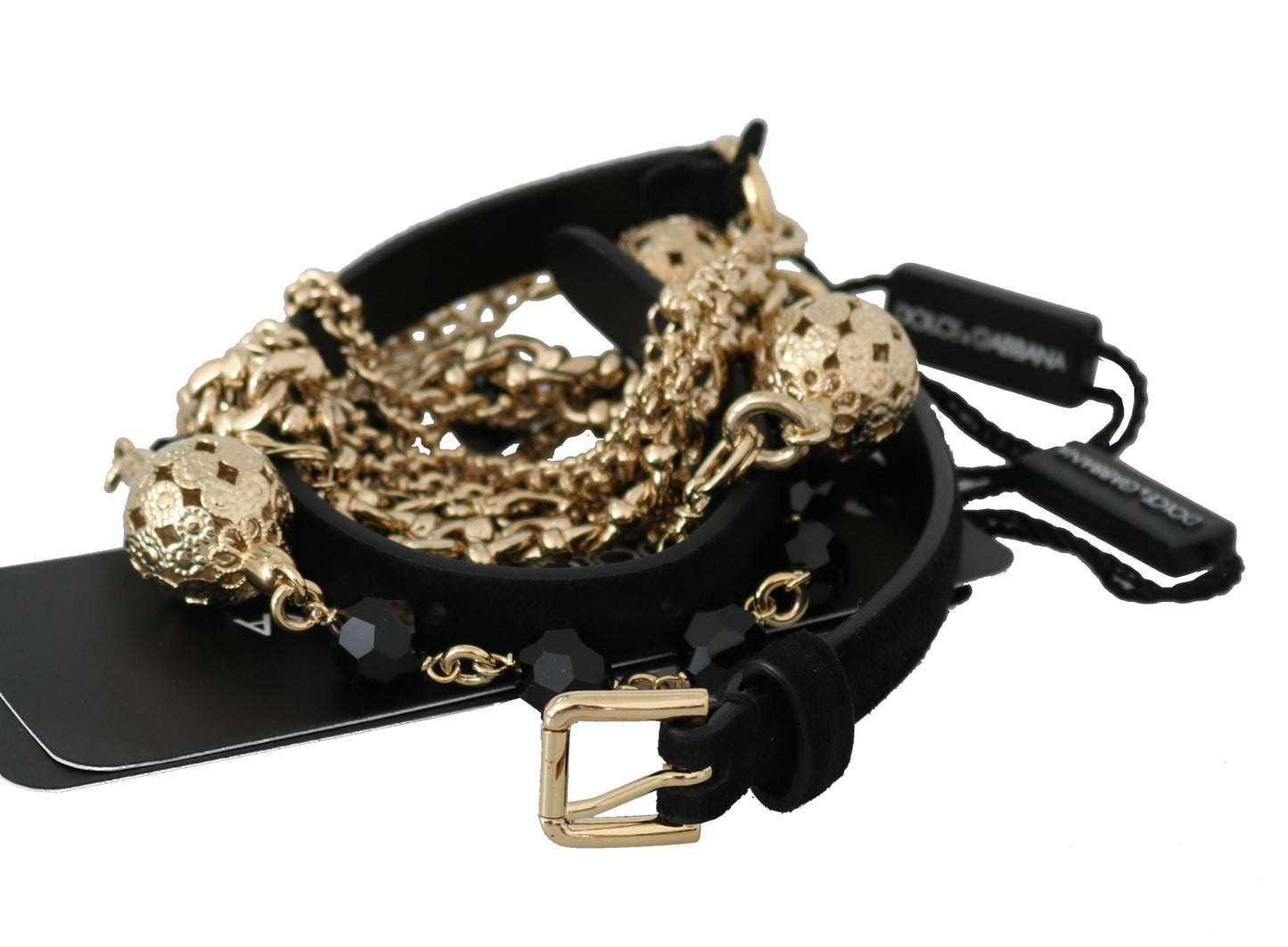 Black Suede Gold Chain Crystal Studs Waist  Belt