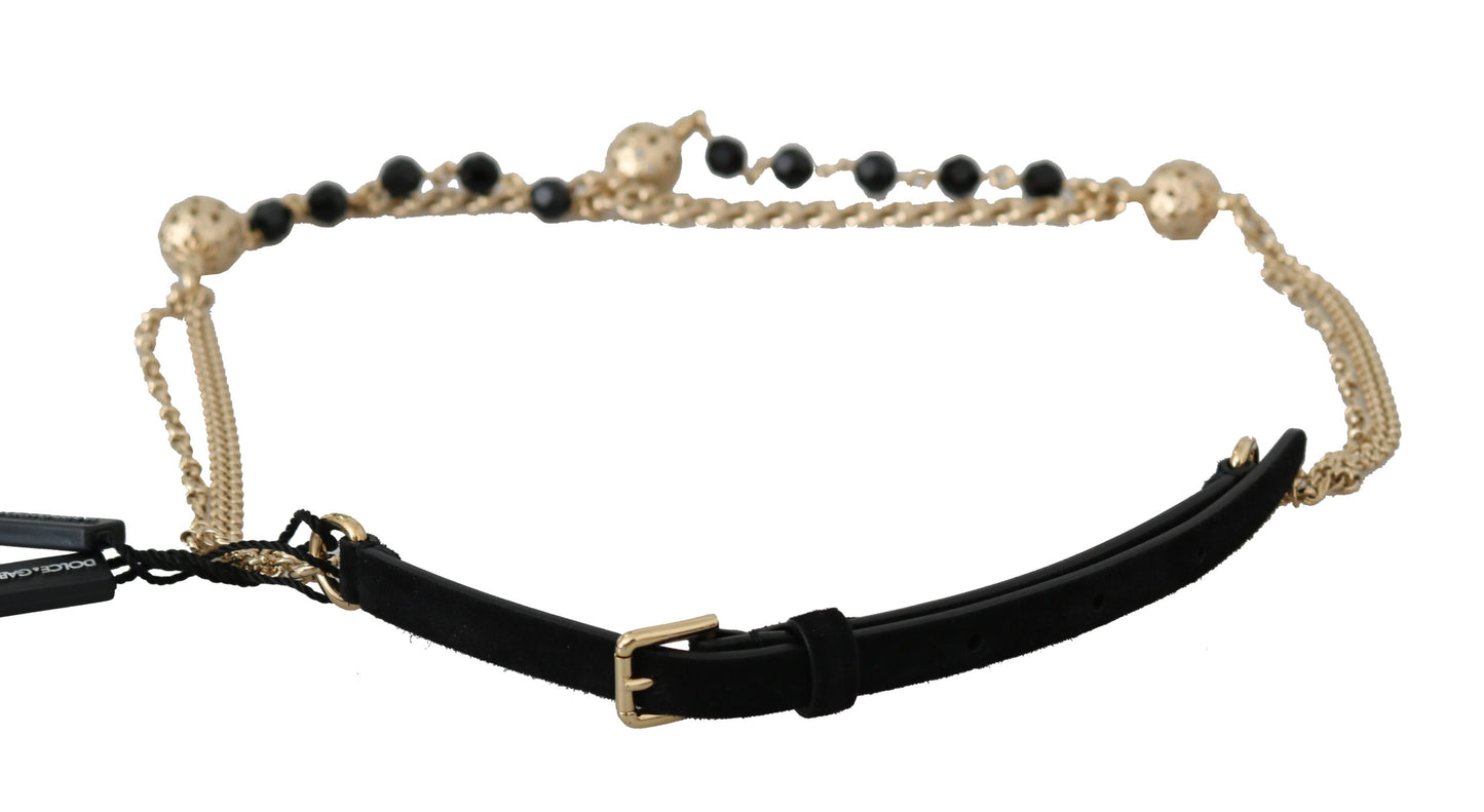 Black Suede Gold Chain Crystal Studs Waist  Belt