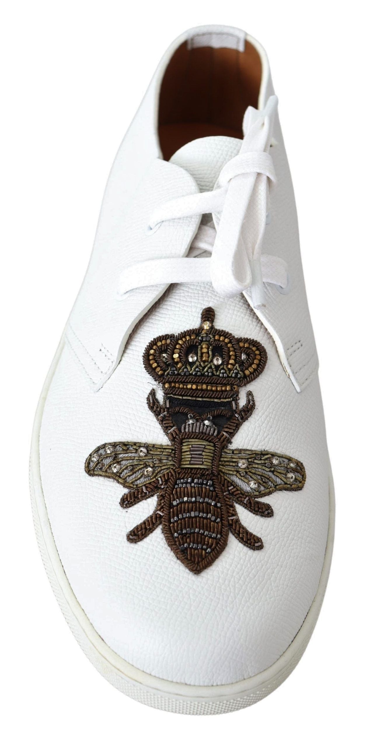 White Leather Sneakers with Gold Crown Bee Embroidery