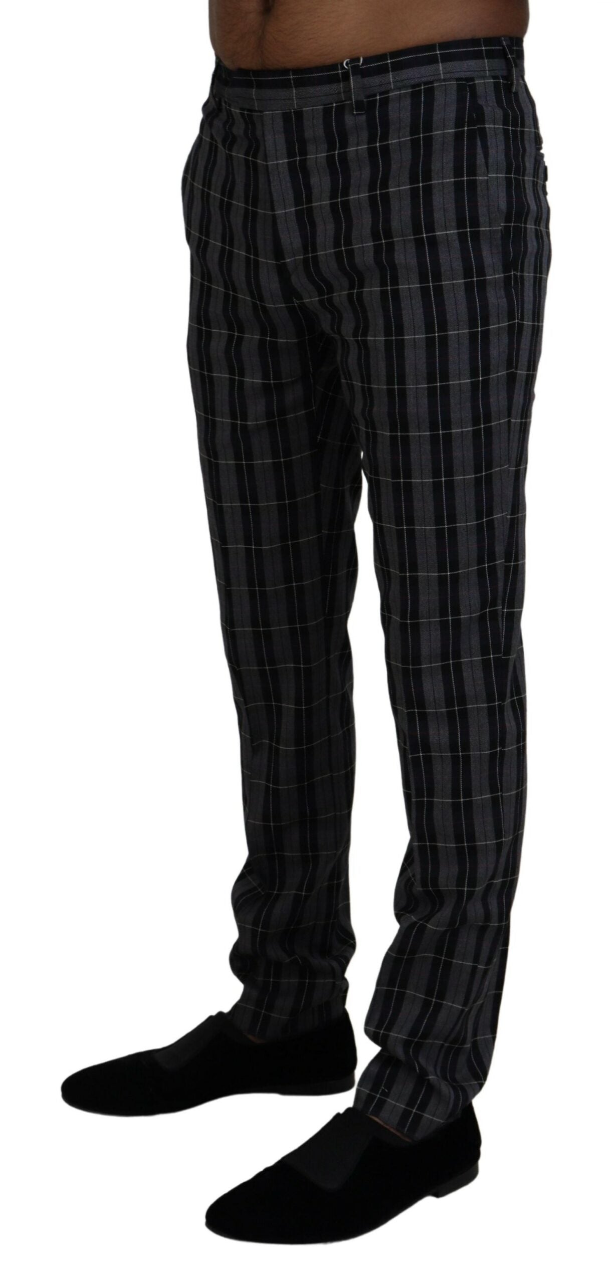 Elegant Gray Checkered Wool Chino Pants