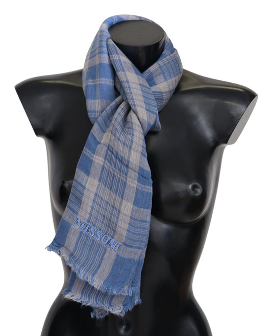 Elegant Blue Wool Scarf with Check Pattern