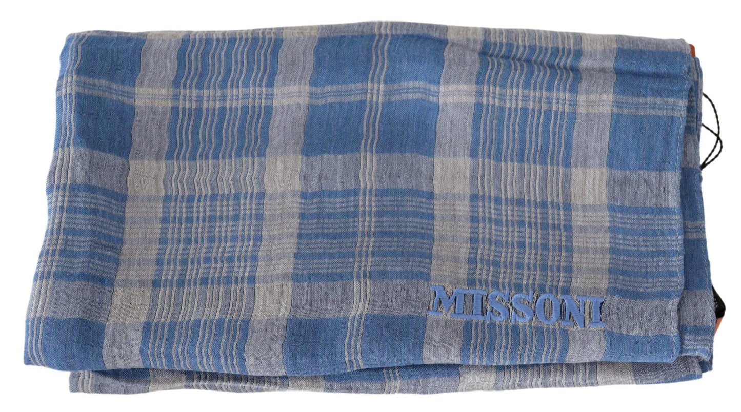 Elegant Blue Wool Scarf with Check Pattern